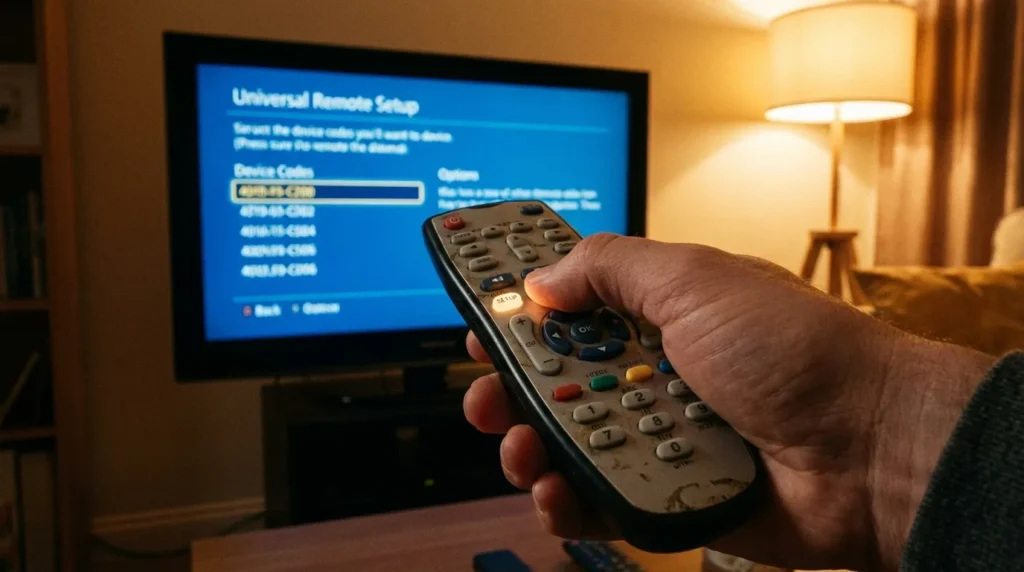 Hand holding universal remote pointing at Hyundai TV during programming setup