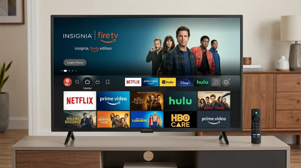 Insignia Fire TV Edition with remote showing Fire TV home screen
