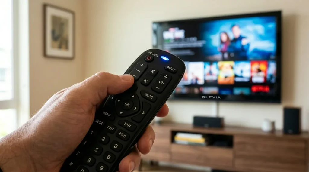 Universal remote control being programmed for Olevia TV with LED indicator light on