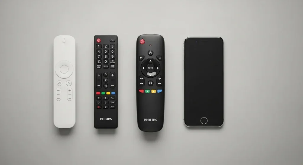 Philips universal remote, TV remote, and smartphone arranged on a flat surface