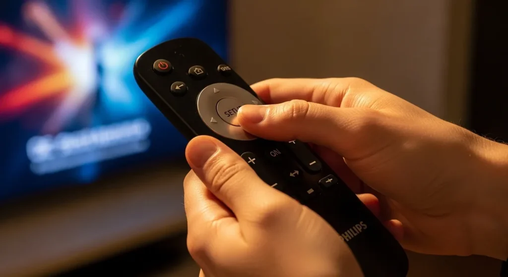 Person pressing the Setup button on a Philips universal remote