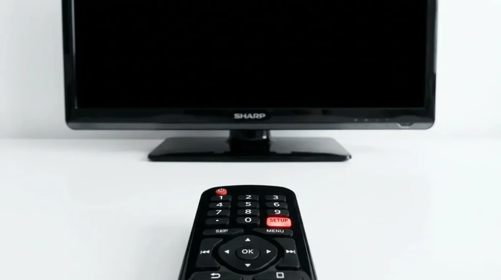 Universal remote with Setup button highlighted for Sharp TV programming