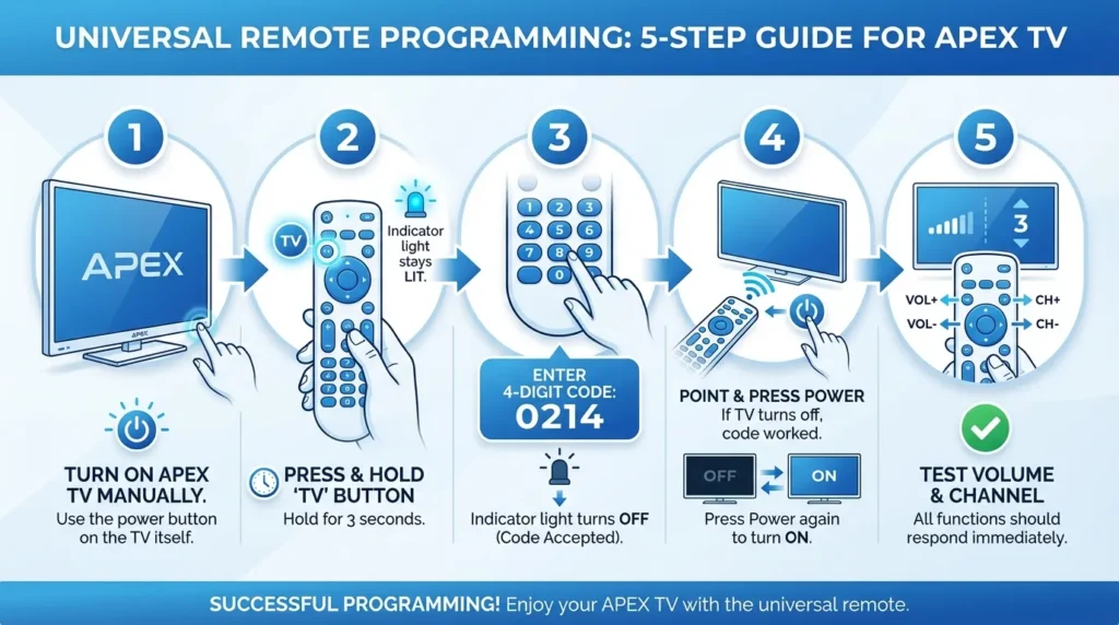 Step-by-step infographic for programming universal remote to APEX television