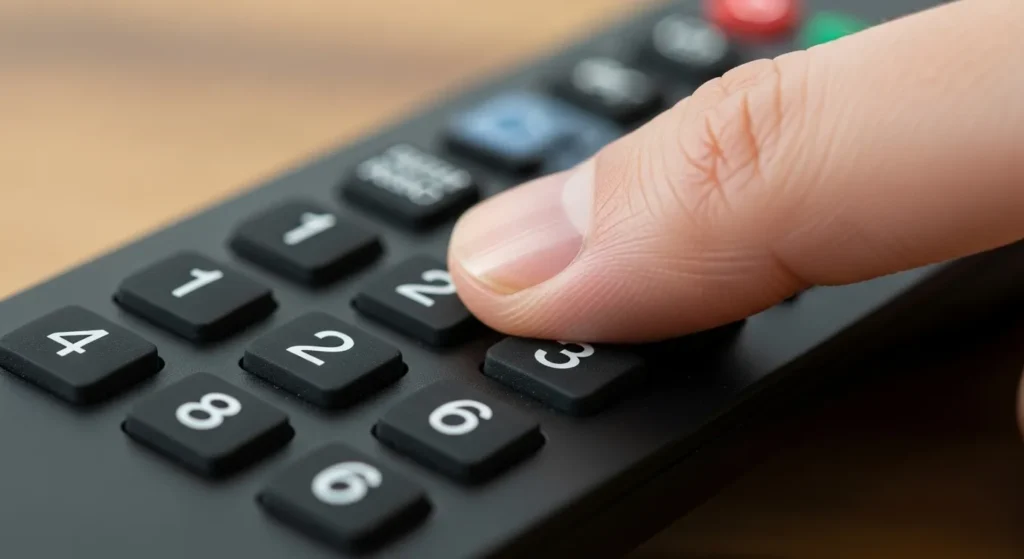Close-up of a person entering digits on a universal remote control.