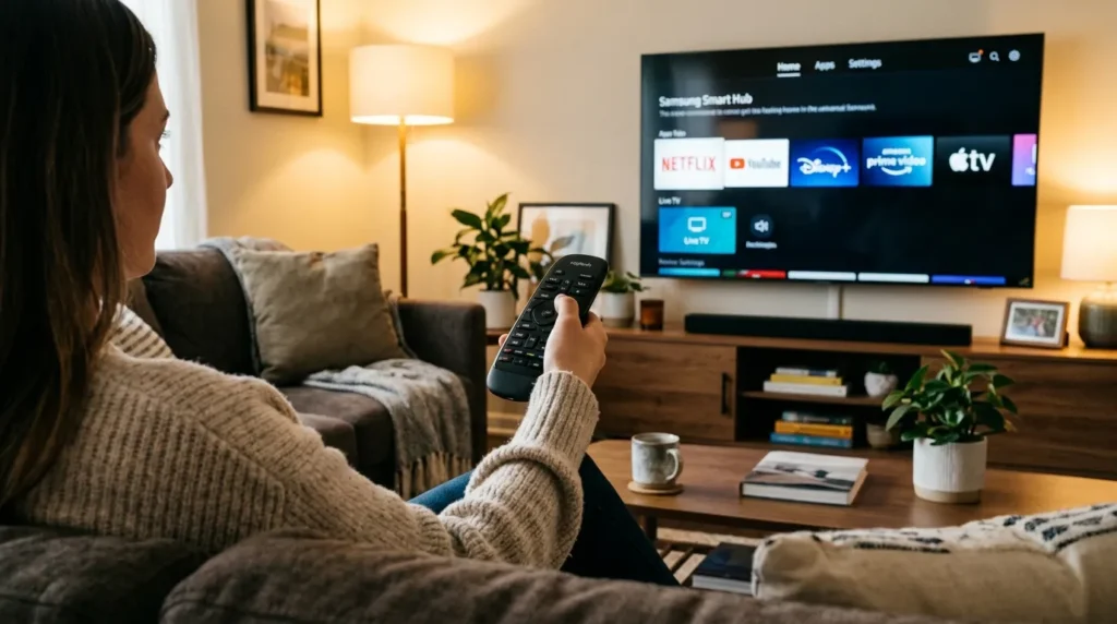 Person programming a universal remote to Akira TV in a living room