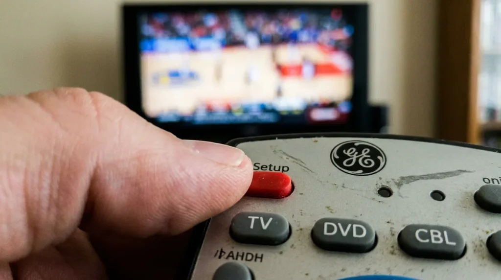 Hand pressing Setup button on universal remote to program Hitachi TV