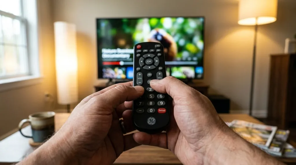 Person programming a universal remote to a Honeywell TV by entering code on number pad