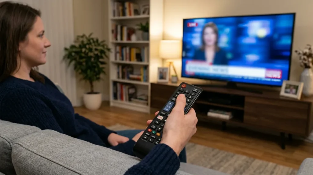 Person programming universal remote to Insignia TV by pressing power button