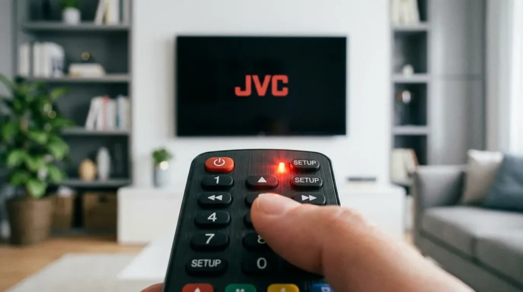 Universal remote being programmed to JVC TV with LED light indicator