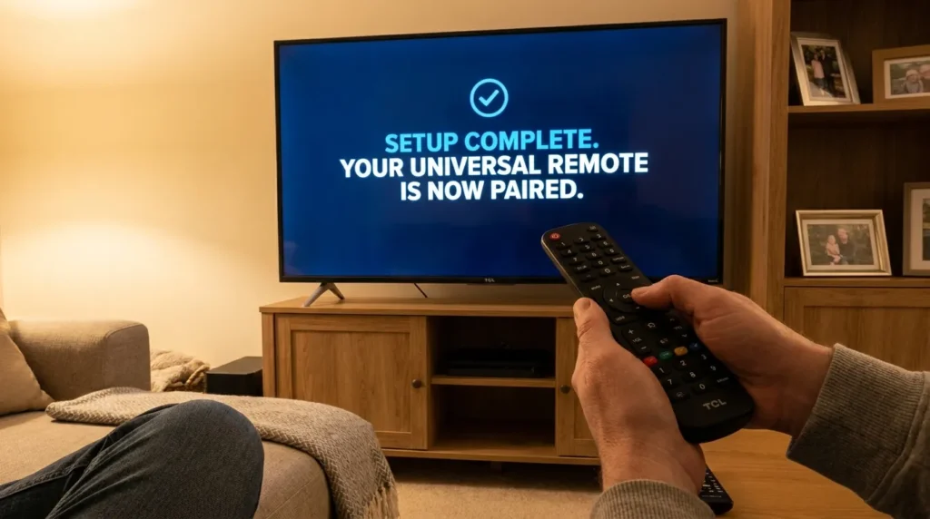 Person programming a universal remote to a TCL TV