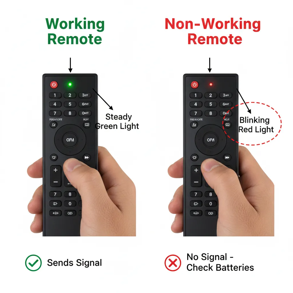 Comparison of universal remote LED indicators showing successful and failed programming attempts