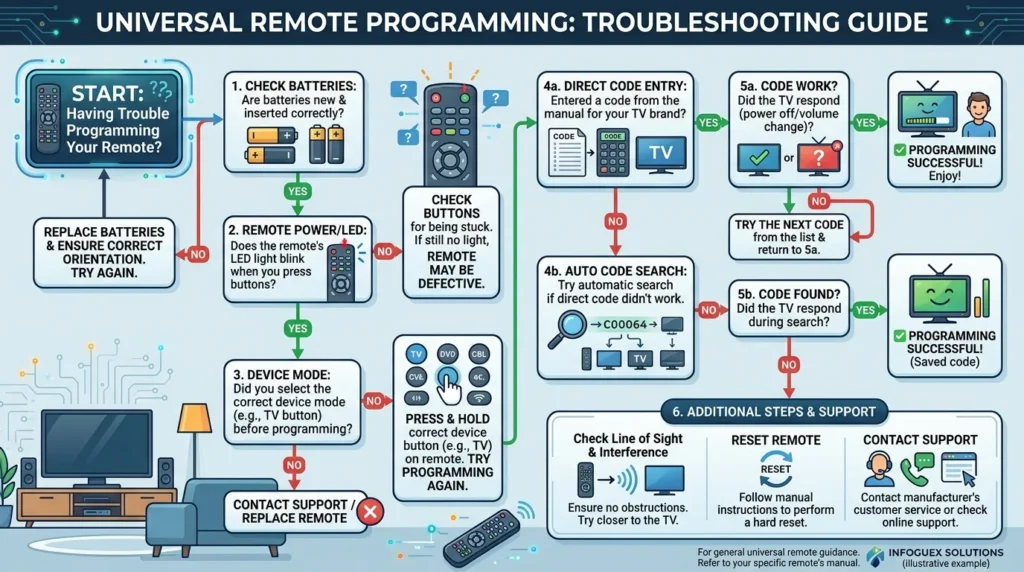 Decision tree flowchart showing troubleshooting steps for universal remote programming problems