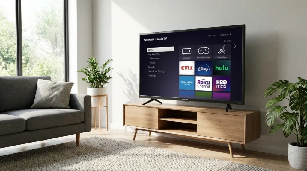 Sharp Roku TV displaying home screen with Roku remote