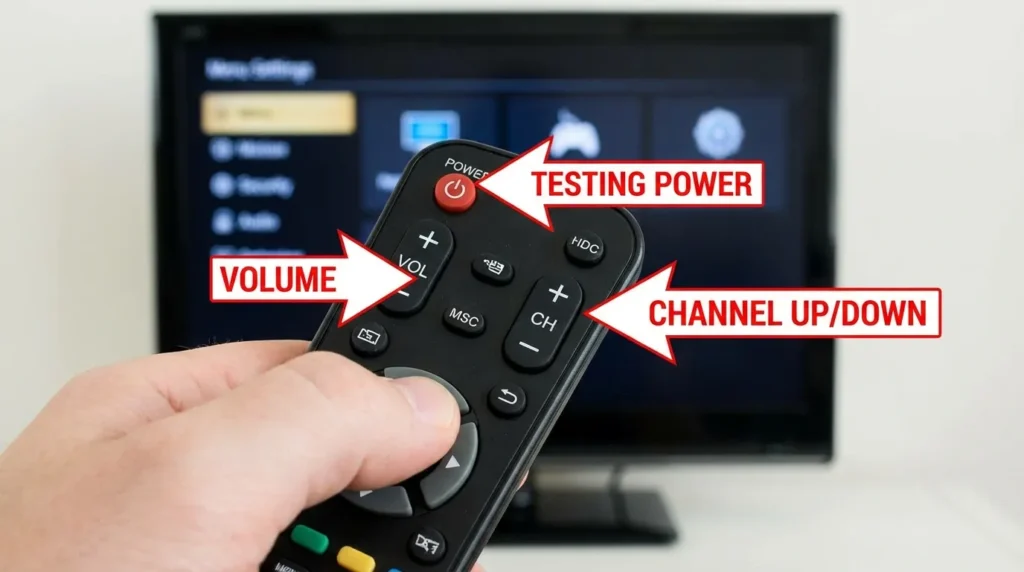 Testing power, volume, and channel buttons on programmed universal remote