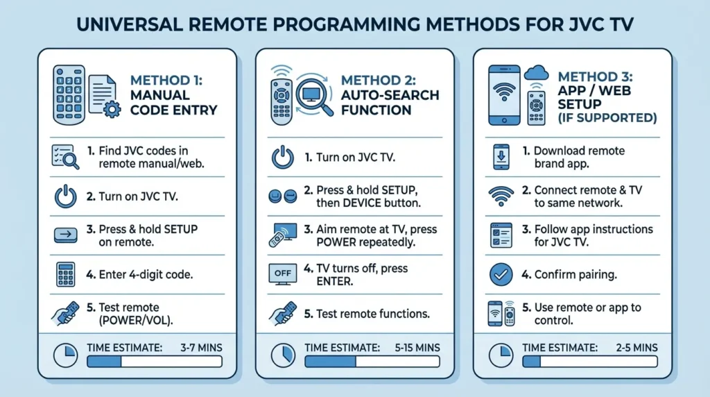 Infographic displaying three methods for programming universal remote to JVC TV