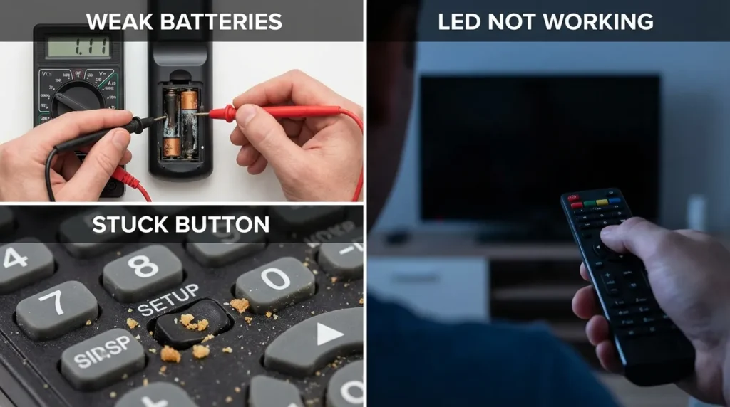 Visual troubleshooting guide for AOC TV remote programming showing battery testing and LED indicator problems