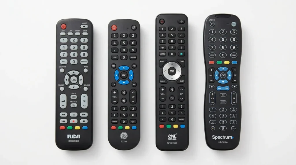 Collection of RCA, GE, OneForAll and cable provider universal remotes compatible with AOC televisions