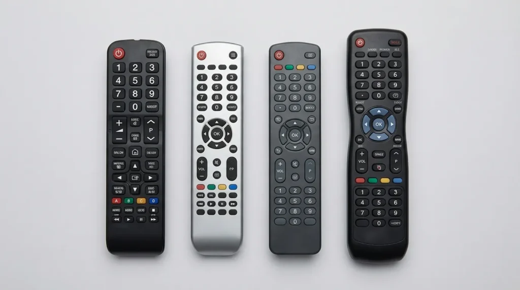 Four universal remote controls side by side for Hyundai TV programming