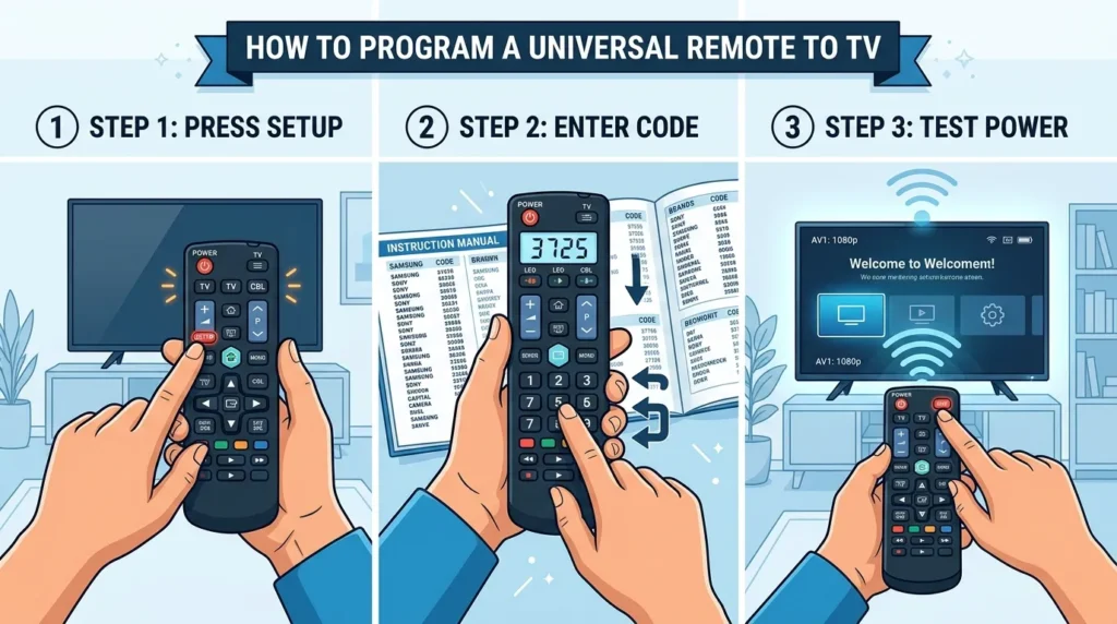Visual guide showing three steps for programming universal remote including setup button, code entry, and testing