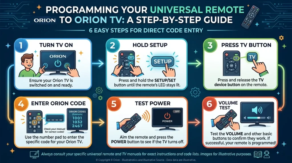 Step by step infographic for programming universal remote to Orion TV