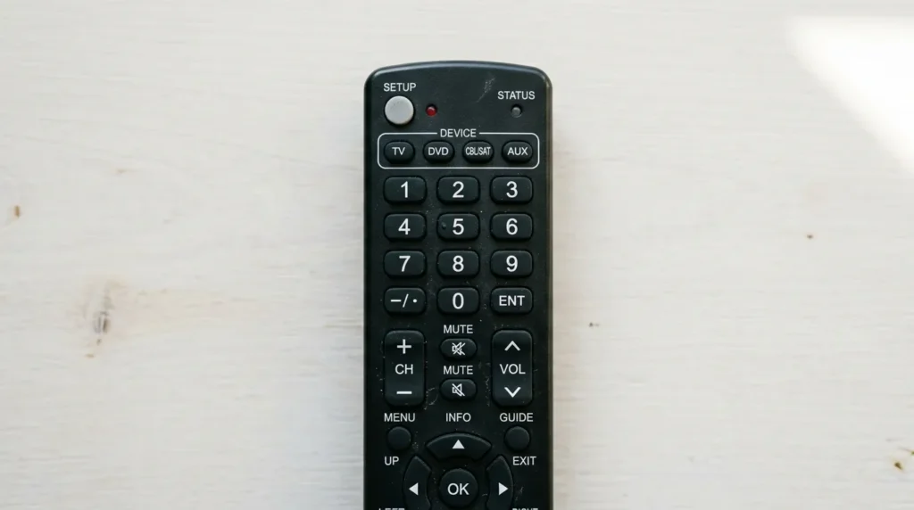 Close-up of universal remote setup button for TV programming