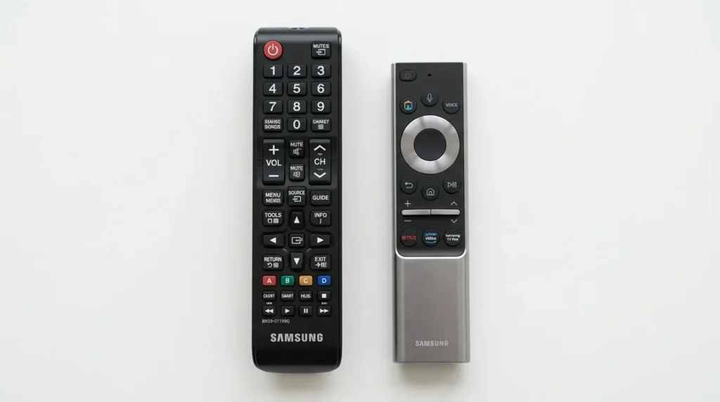 Samsung IR remote and OneRemote side by side showing button layout differences