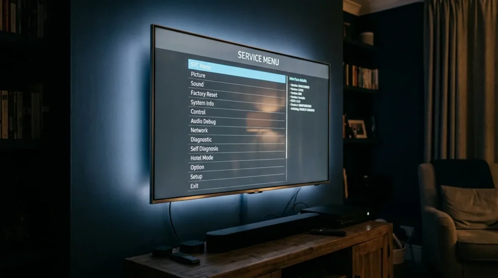 Samsung TV screen showing the service menu interface with white text options on dark background