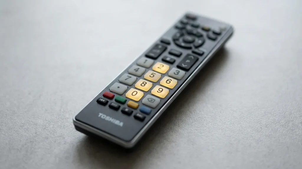 Toshiba TV remote with number keys 9, 3, 0, 1 highlighted for service menu code entry.