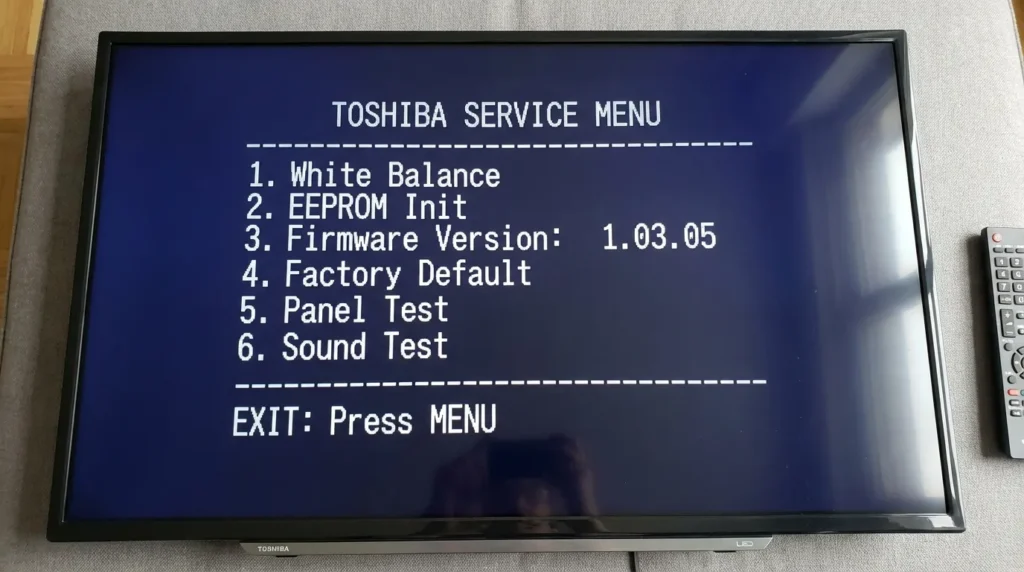Toshiba TV service menu screen showing options including white balance, EEPROM init, and firmware version.