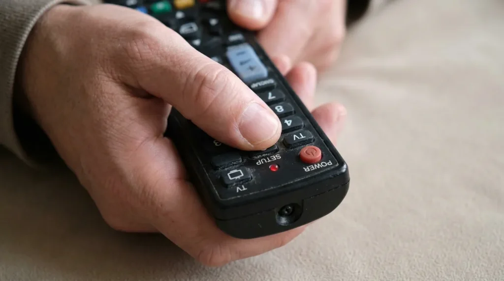Person pressing the Setup button on a universal remote control