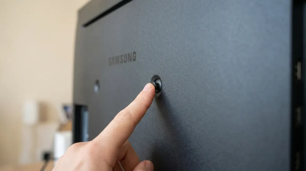 Hand pressing the control stick button on the back of a Samsung TV to access settings without a remote