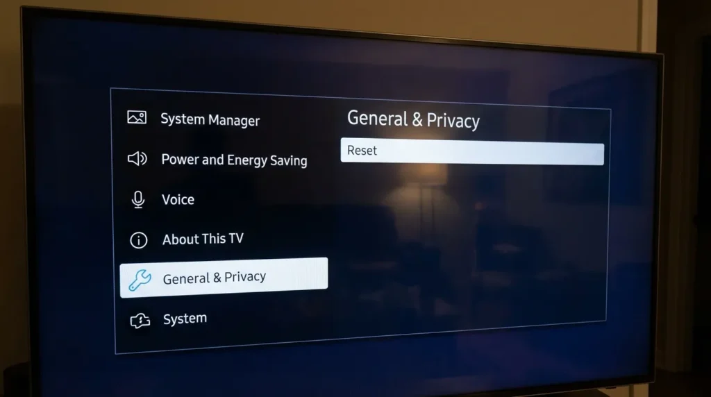 Samsung TV screen showing General and Privacy menu with the Reset option visible for factory reset on 2020 to 2026 models
