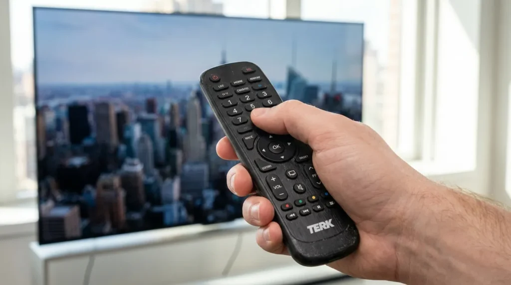 Person pressing number buttons on Terk universal remote to enter a programming code
