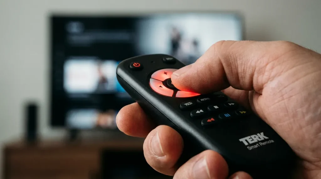 Terk remote control with power button illuminated during programming process