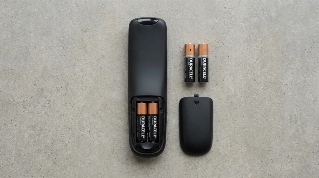 Universal remote control with battery compartment open showing AA batteries