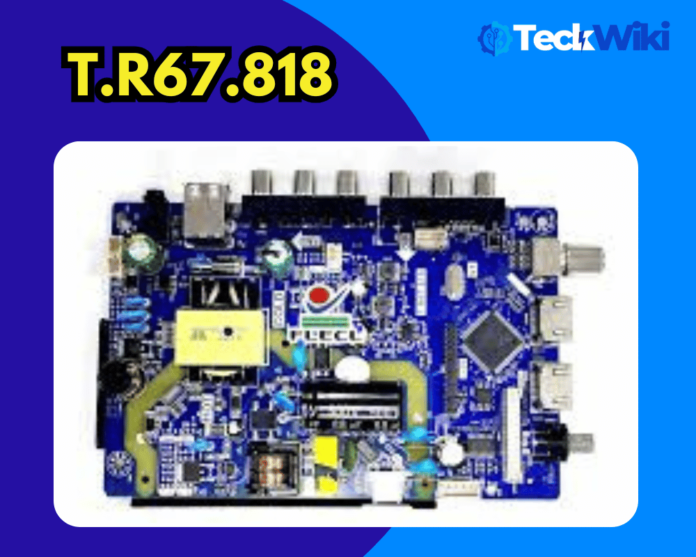 Close-up of the T.R67.818 universal TV motherboard with HDMI, USB, and VGA ports visible.