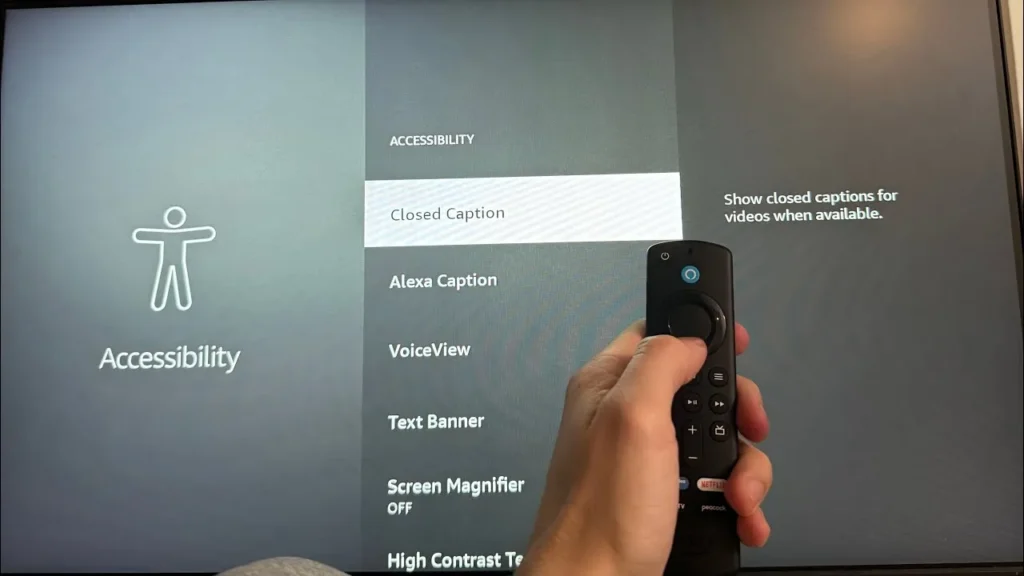Fire TV accessibility settings with closed captions turned off.