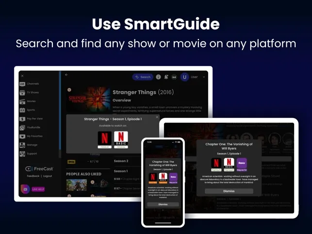FreeCast app interface with channel guide
