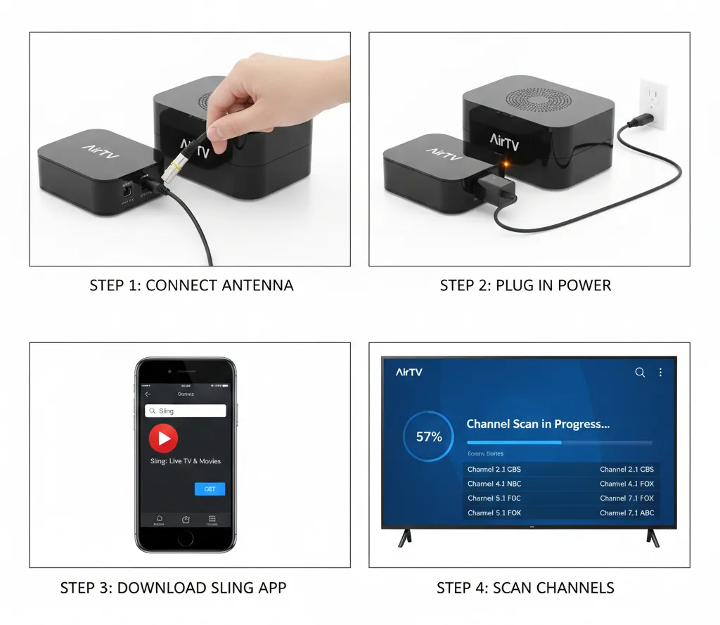 Four-panel instructional diagram showing AirTV installation process