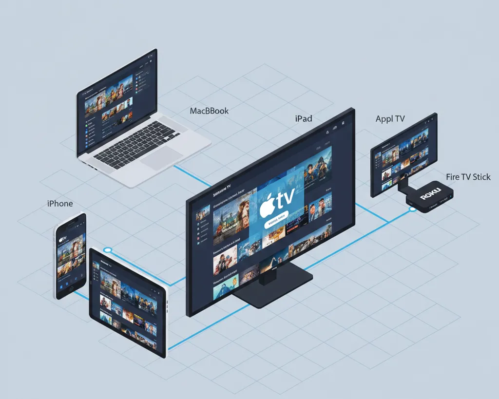 Illustration of Apple TV app compatibility across multiple device types