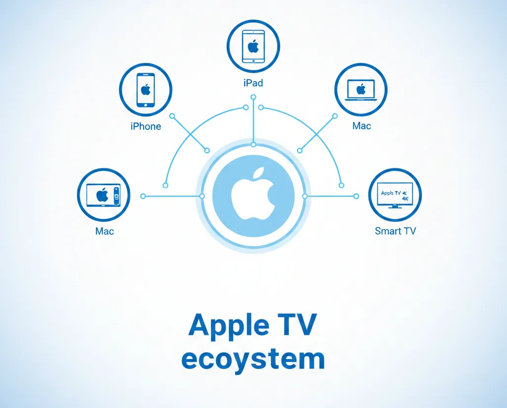 Diagram showing Apple TV Channels compatibility across iPhone, iPad, Mac, Apple TV, and smart TVs