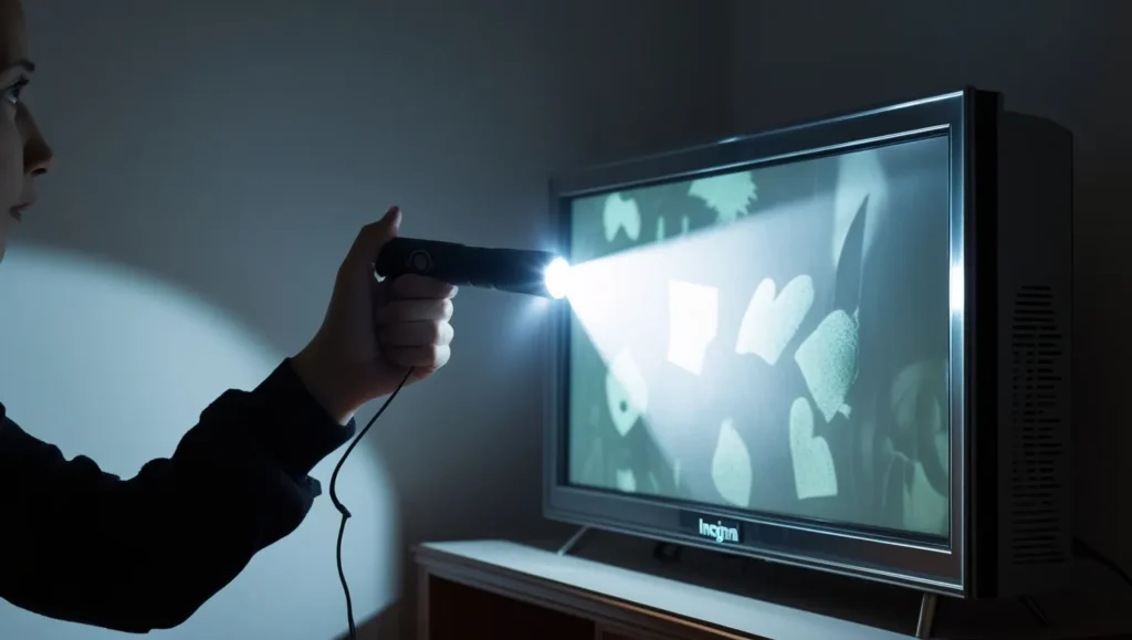 Person using flashlight to check Insignia TV backlight.