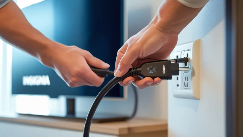 Person inspecting Insignia TV power cord.