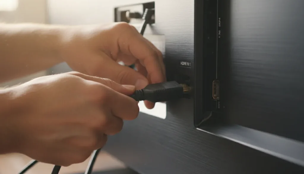 Person unplugging HDMI cable from TV to check connection