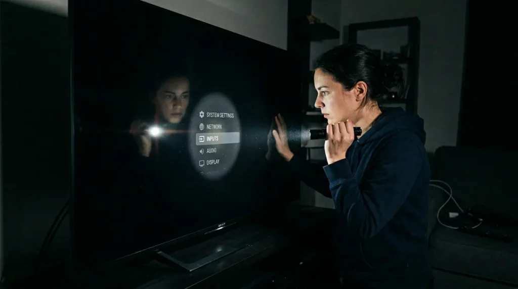 Person shining a flashlight on an Element TV screen to test if the backlight has failed