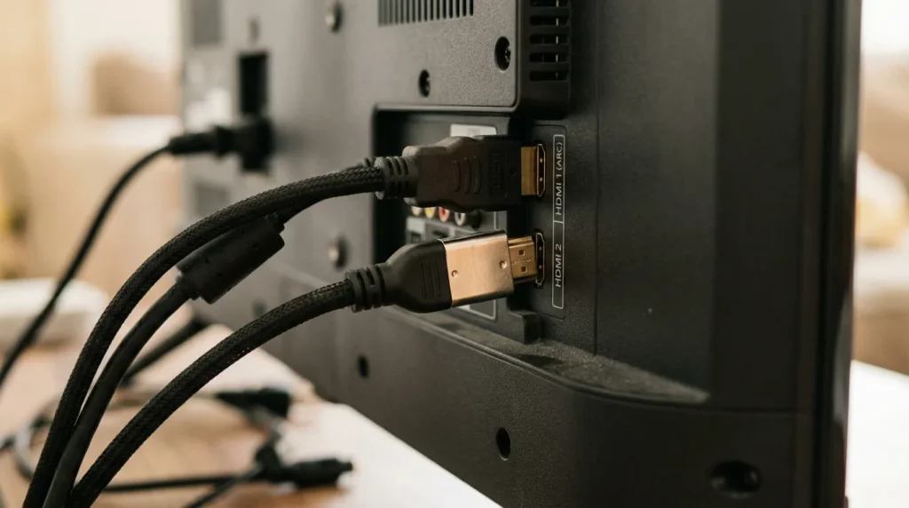 HDMI cables plugged into the back of a TV, one slightly loose