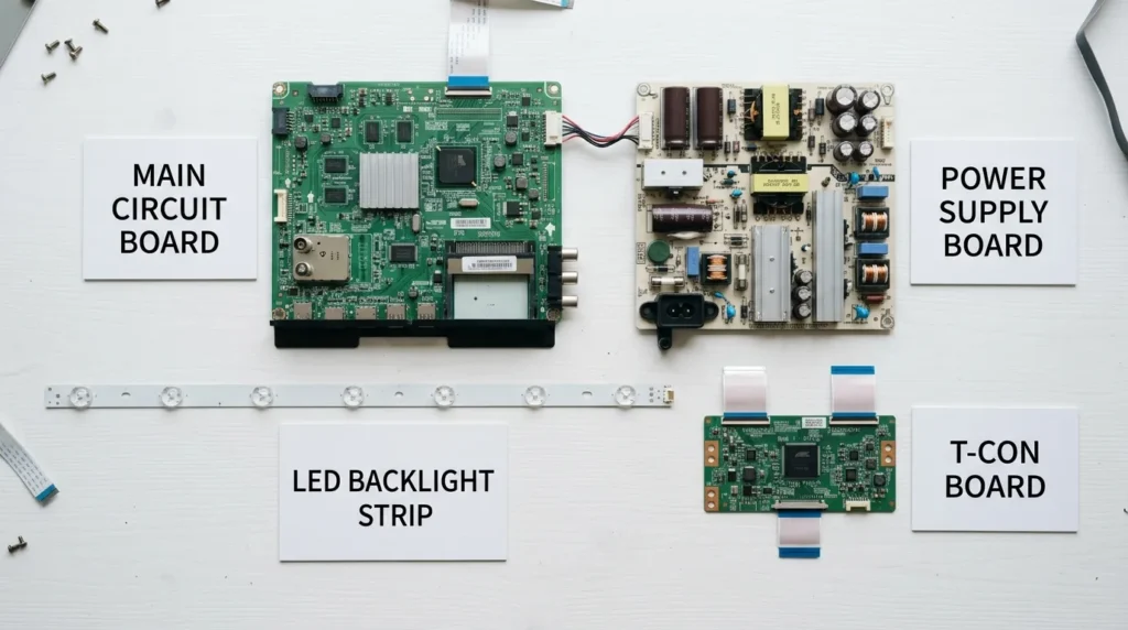 Internal components of an Element TV including power supply board, T-Con board, and LED backlight strips