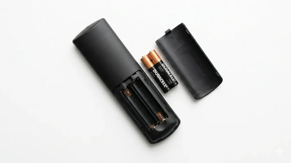 Fire TV remote back panel open showing AAA battery compartment and metal contact strips