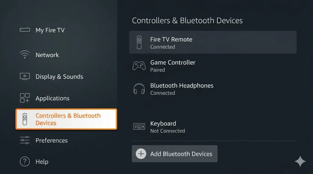 Fire TV settings screen showing Controllers and Bluetooth Devices menu with list of paired devices