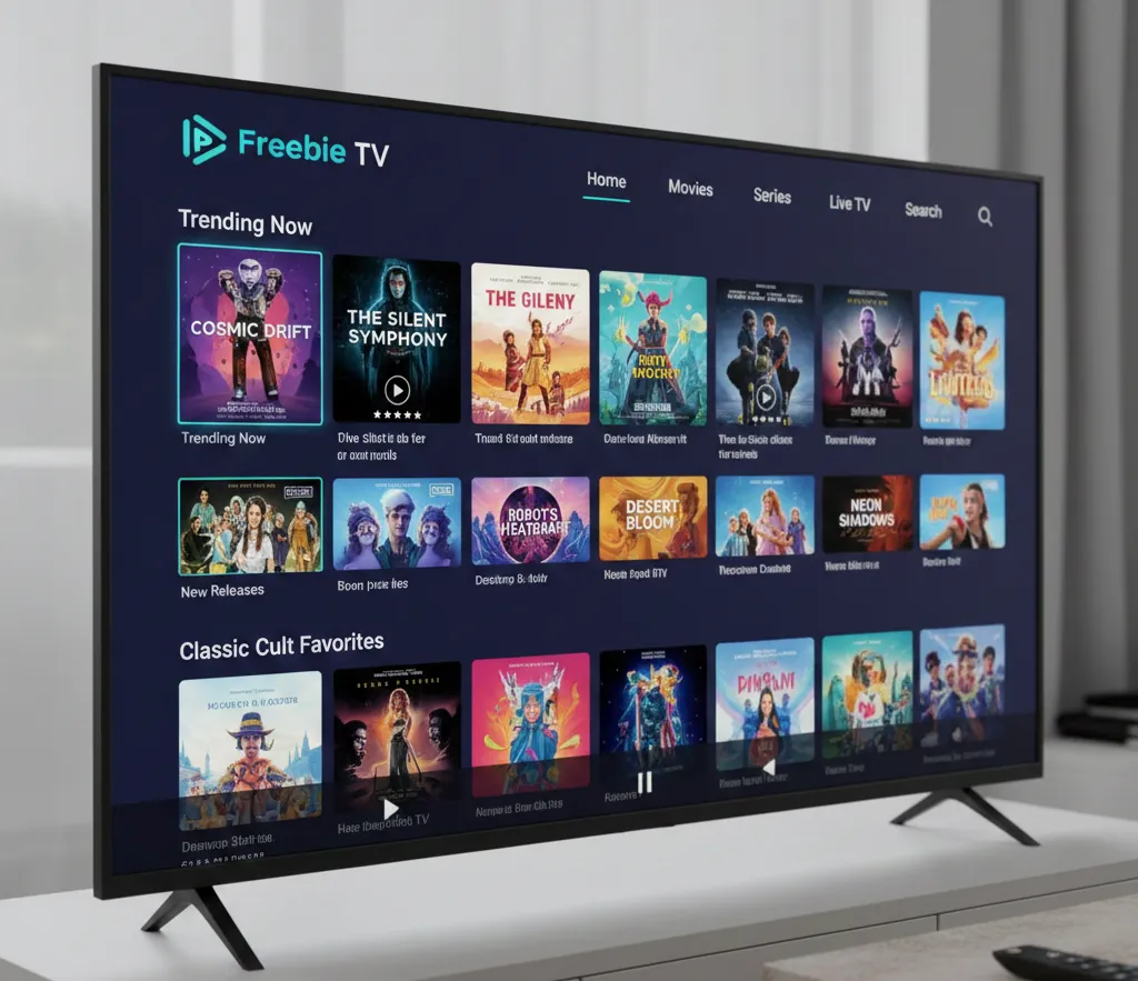 Freebie TV on-demand content library showing movie selections